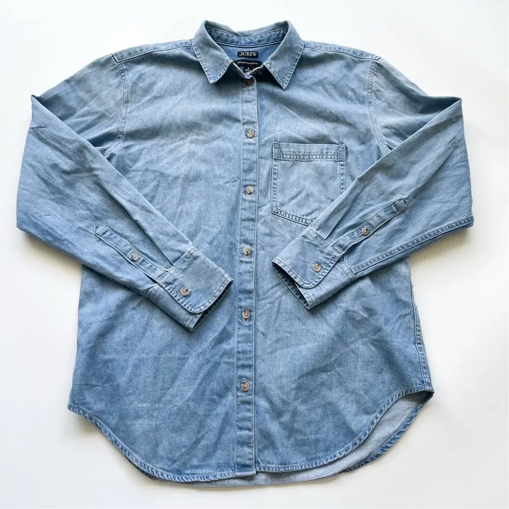 Women's J Crew Medium Wash Denim Button Down Size 0 Garcon Classic Fit Oversized